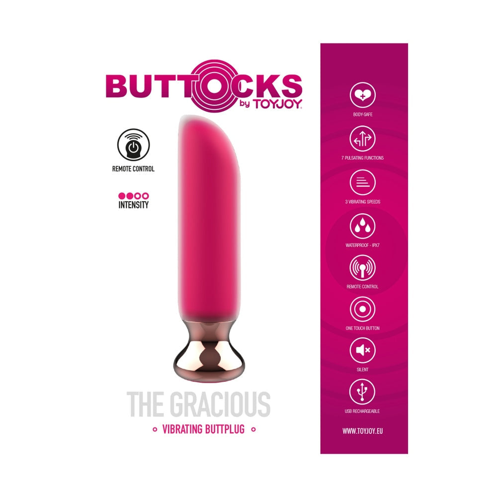 Dop Anal Vibrant ToyJoy Buttocks the Gracious - Fucsia, 12 cm - 3 Viteze, 7 Functii Vibratii controlate prin Telecomanda Wireless - Reincarcabil, Rezistent la Apa IPX7