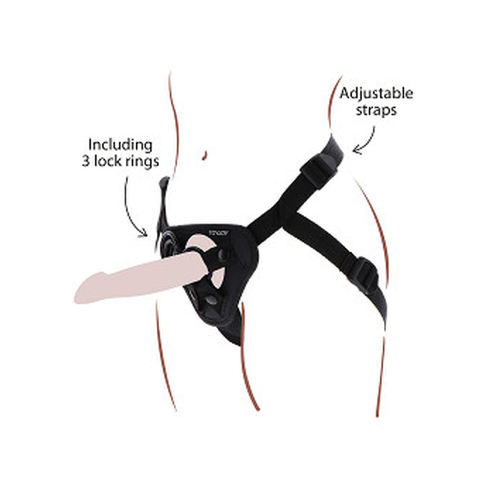 Curea Strap-On ToyJoy Get Real - ham de calitate premium, perna frontala captusita cu curele reglabile - Include 3 inele din silicon pentru compatibilitate versatila cu dildo-ul preferat
