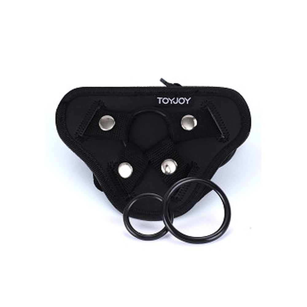 Curea Strap-On ToyJoy Get Real - ham de calitate premium, perna frontala captusita cu curele reglabile - Include 3 inele din silicon pentru compatibilitate versatila cu dildo-ul preferat