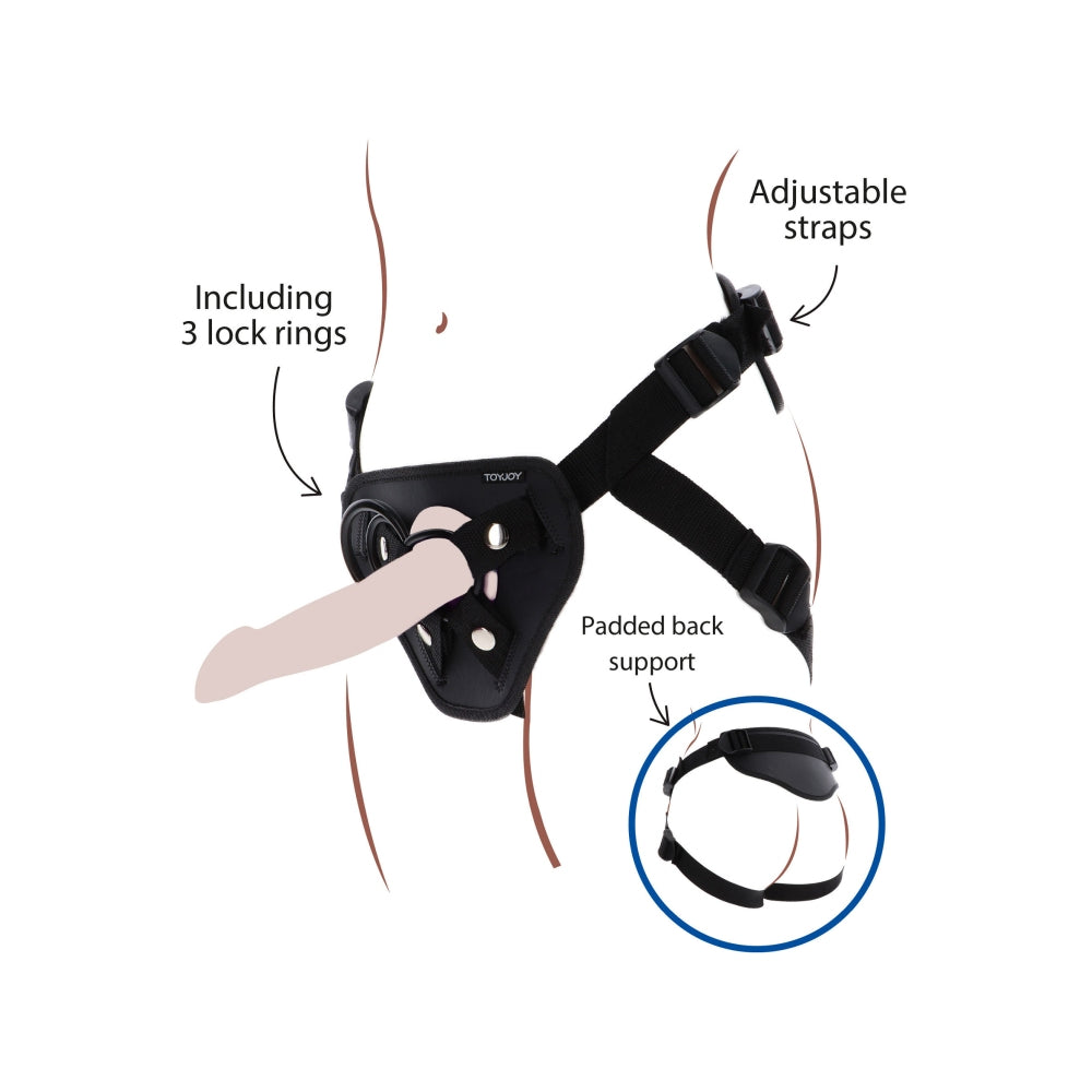 Curea Strap-on ToyJoy Get Real Full Cover Deluxe - captuseara frontala moale pentru confort - Include 3 inele pentru copatibilitate variata cu dildo-uri - Buzunar interior pentru bullet vibrator