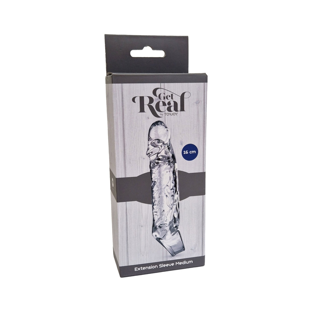 Prelungitor Penis ToyJoy Get Real Medium - transparent, 16 cm - material moale si elastic din TPE - design usor de folosit pentru a crestea lungimea si grosimea