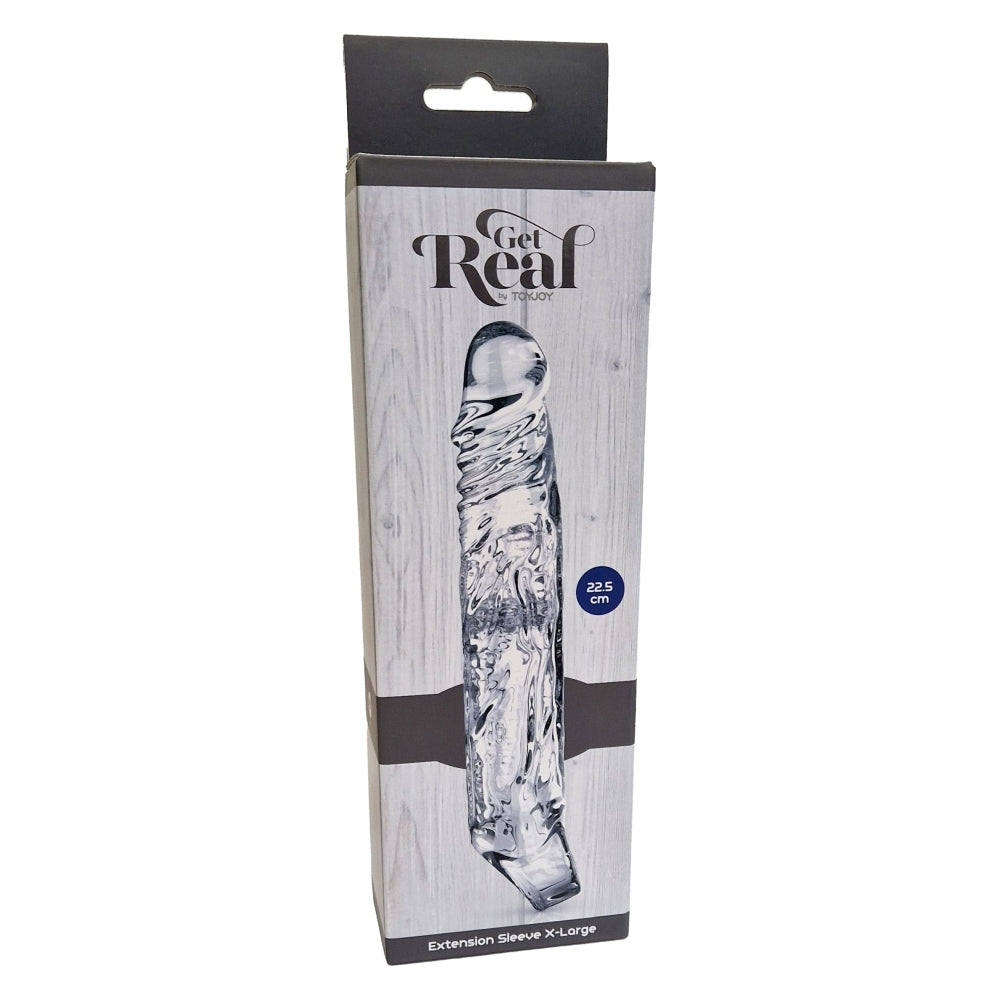 Prelungitor Penis ToyJoy Get Real XLarge - Transparent, 22.5 cm - material moale si elastic din TPE - design usor de folosit pentru a crestea lungimea si grosimea