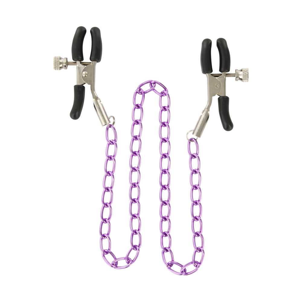Clesti pentru Sfarcuri cu Lant ToyJoy Mov - Cleme cu cpace din silicon, lant mov din metal - ideal pentru jocuri senzuale in cuplu sau solo - design elegant cu lant pentru control sporit