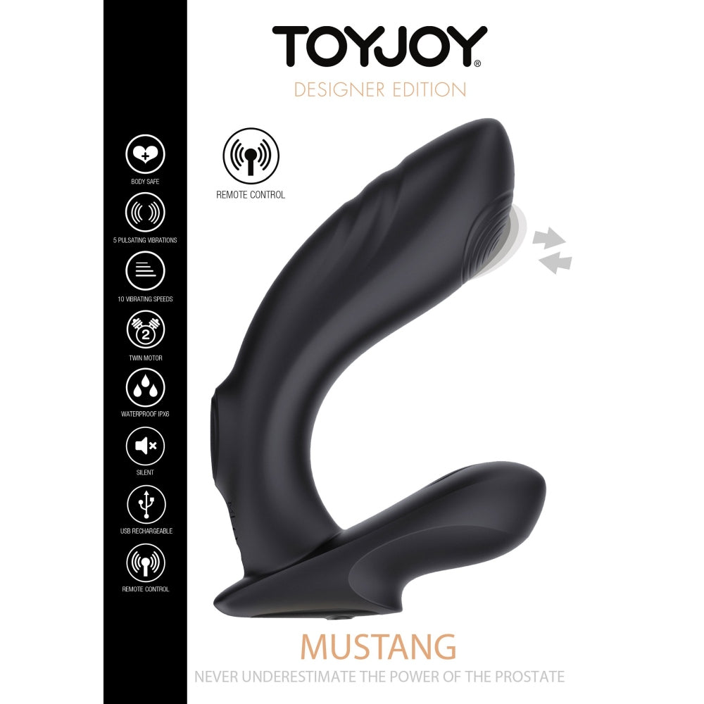 Stimulator Prostata ToyJoy Mustang - Negru, 12.5 cm - Stimularea duala cu doua motoare pentru prostata si perineu - 5 Functii Pulsatii - control prin telecomanda wireless - Reincarcabil, Rezistent la Apa IPX6 - ideal pentru jocuri solo sau in cuplu