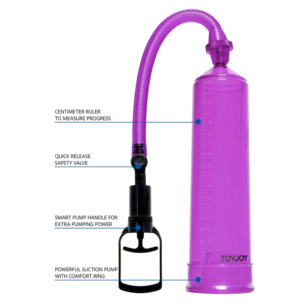 Pompa Pentru Penis ToyJoy Manpower - 23 cm, Mov - gradat in centimetri pentru a monitoriza progresul - maner ergonomic cu valva de eliberare rapida