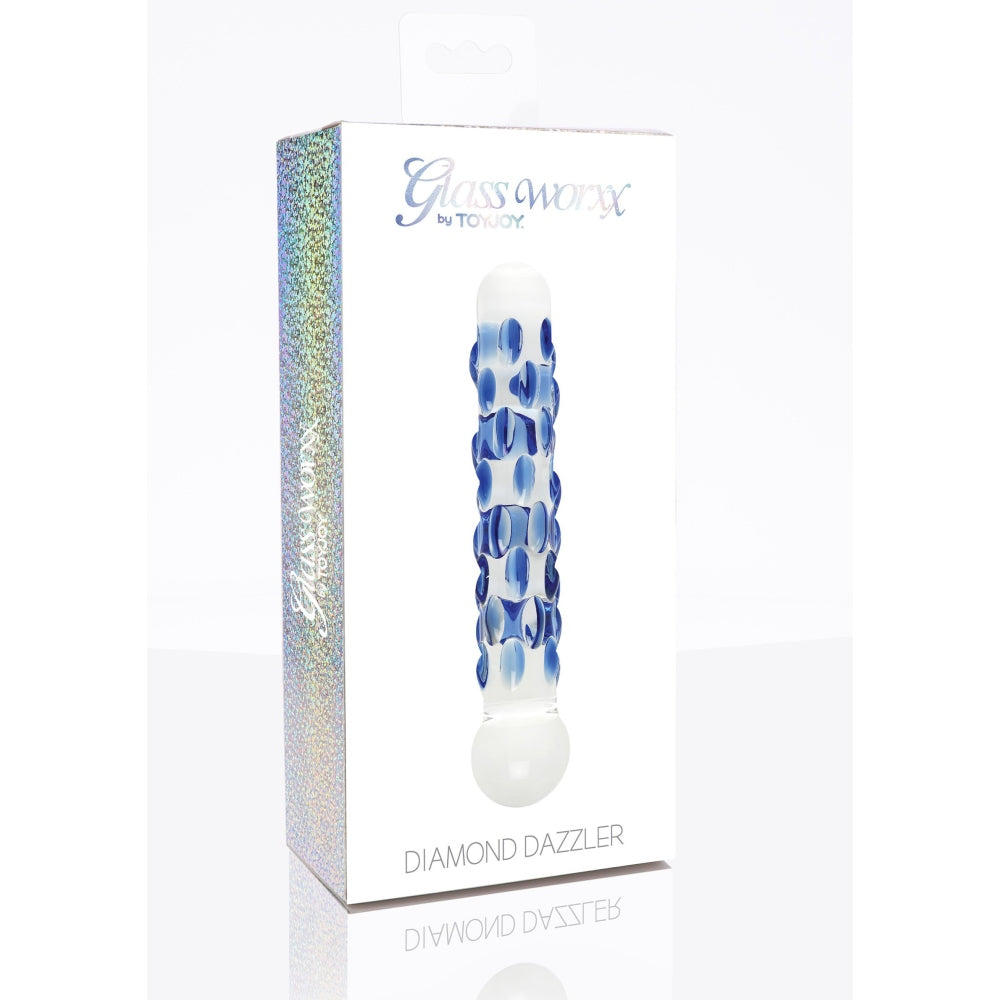 Dildo din Sticla ToyJoy Glass Worxx Diamond Dazzler - Stimulare Intensa cu Textura si Noduri Albastre, 18 cm