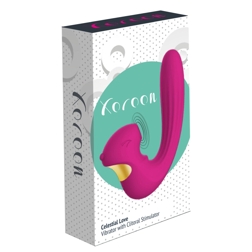 Vibrator Xocoon Celestial Love Fucsia - Stimulator dual pentru Punctul G si Clitoris cu functii de suctiune - 10 Functii de Vibratii si Pulsatii - Doua motoare puternice cu control separat - Reincarcabil, Rezistent la Apa IPX6