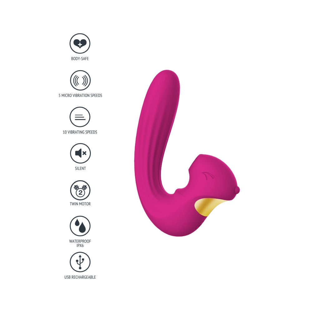 Vibrator Xocoon Celestial Love Fucsia - Stimulator dual pentru Punctul G si Clitoris cu functii de suctiune - 10 Functii de Vibratii si Pulsatii - Doua motoare puternice cu control separat - Reincarcabil, Rezistent la Apa IPX6
