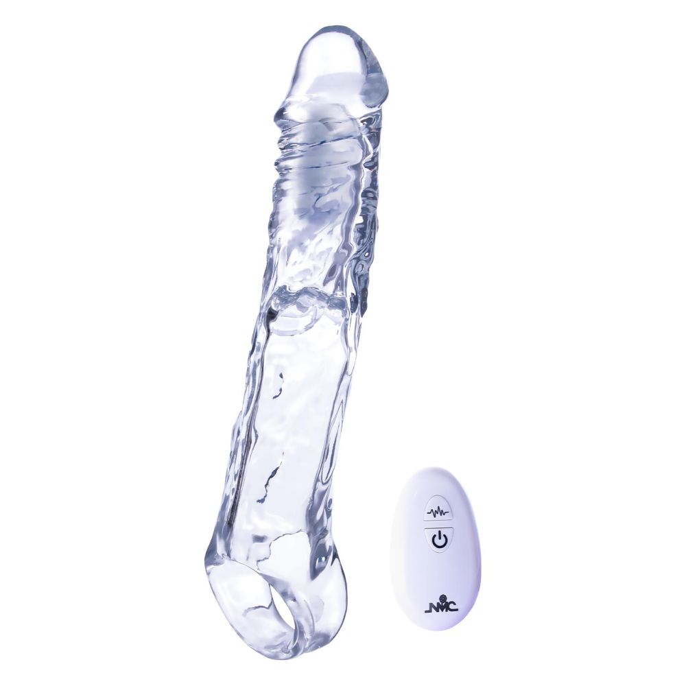 Prelungitor de Penis cu Vibratii NMC - Transparent, 19 cm - 10 Functii Vibratii - control cu Telecomanda Wireless