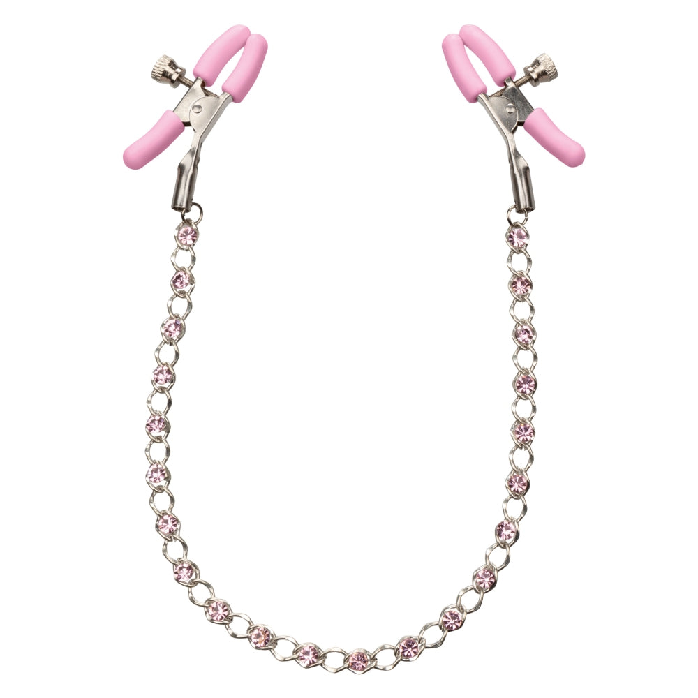 Cleme Pentru Sfarcuri Calexotics First Time - tensiune ajustabila, cu lant metalic si cristale roz - idea pentru jocurile BDSM de cuplu sau solo