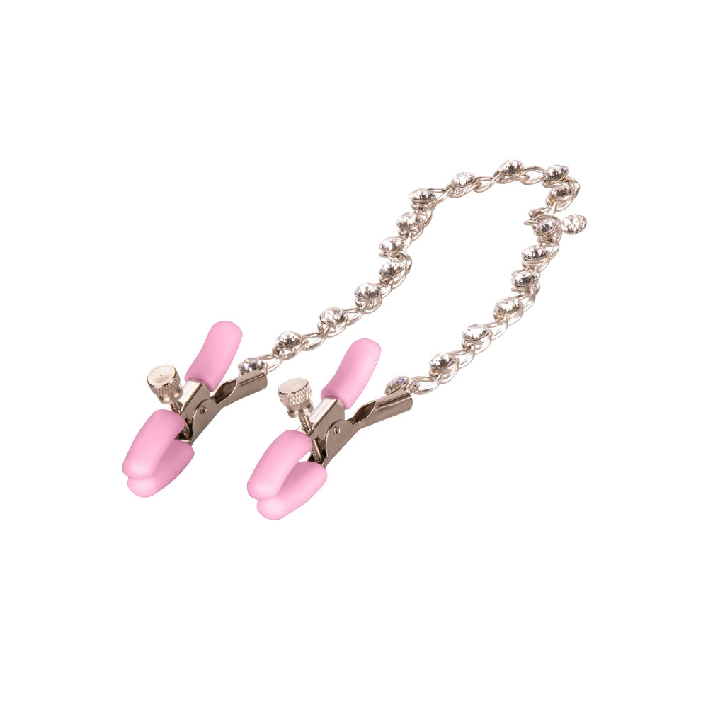 Cleme Pentru Sfarcuri Calexotics First Time - tensiune ajustabila, cu lant metalic si cristale roz - idea pentru jocurile BDSM de cuplu sau solo