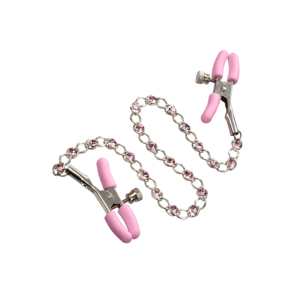 Cleme Pentru Sfarcuri Calexotics First Time - tensiune ajustabila, cu lant metalic si cristale roz - idea pentru jocurile BDSM de cuplu sau solo