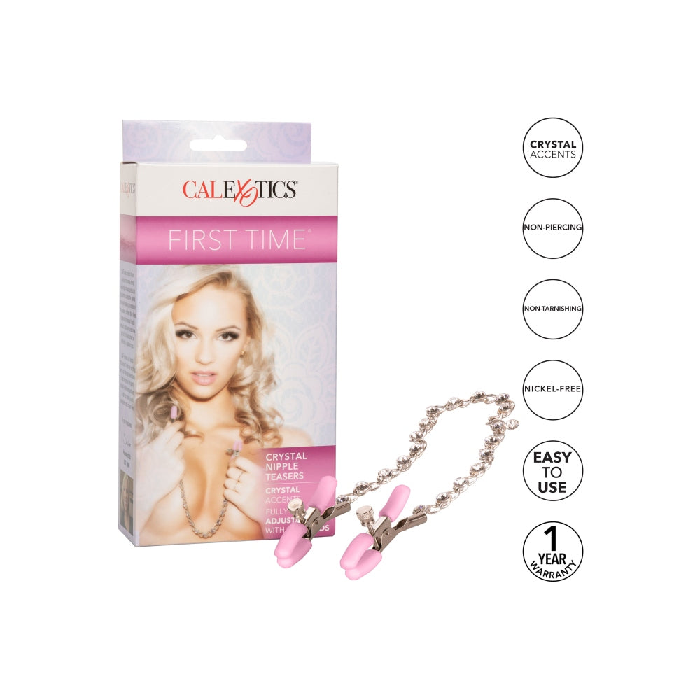 Cleme Pentru Sfarcuri Calexotics First Time - tensiune ajustabila, cu lant metalic si cristale roz - idea pentru jocurile BDSM de cuplu sau solo
