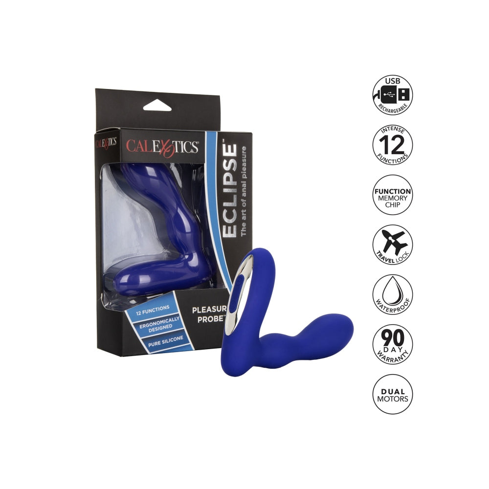 Dop Anal cu Stimulare Pentru Prostata CalExotics Eclipse Pleasure Probe - Albastru, 10.25 cm - 12 Functii Vibratii - Reincarcabil, Rezistent la Apa - Fabricat din silicon flexibil si durabil