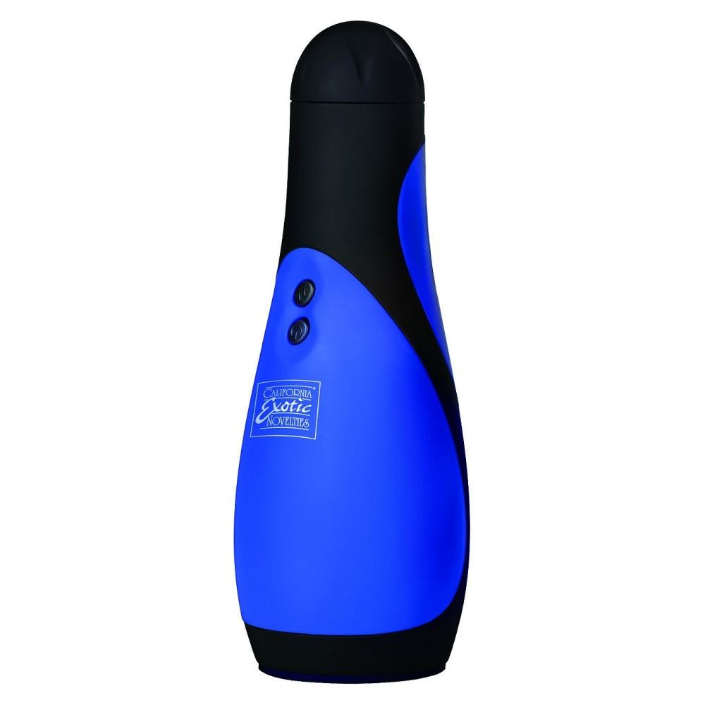 Masturbator cu Vibratii CalExotics Apollo Power Stroker - Albastru, 18.5 cm - 30 Functii Vibratii, Actiune 'Deep Throat' - Utilizare hands-free