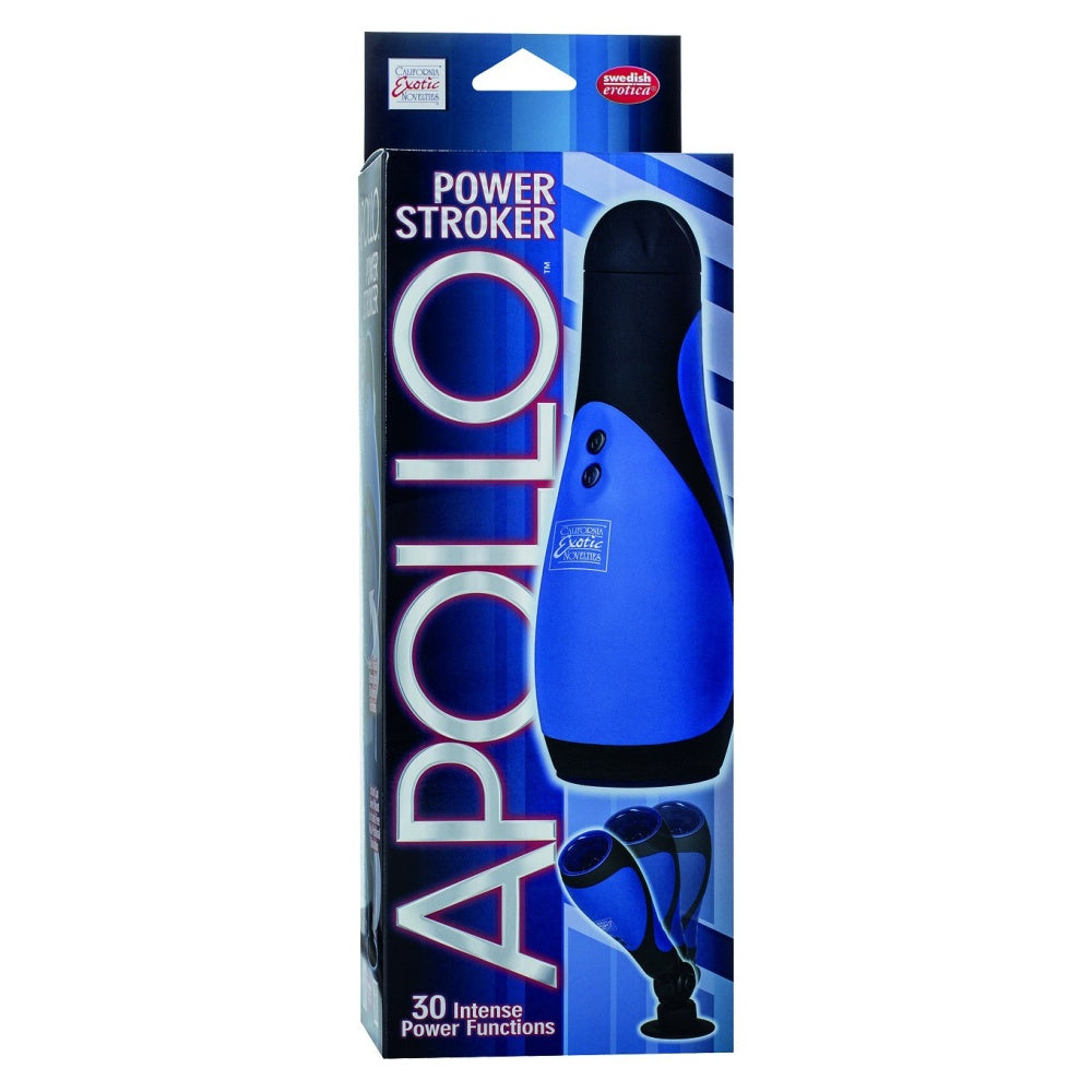Masturbator cu Vibratii CalExotics Apollo Power Stroker - Albastru, 18.5 cm - 30 Functii Vibratii, Actiune 'Deep Throat' - Utilizare hands-free