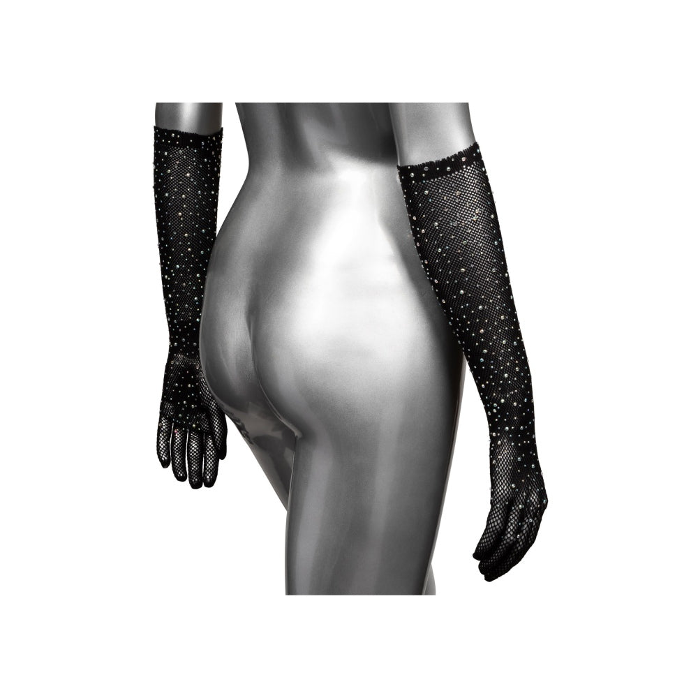 Manusi Negre Lungime Completa cu Strasuri CalExotics Radiance - Plasa Respirabila, Accesoriu Lenjerie Sexy