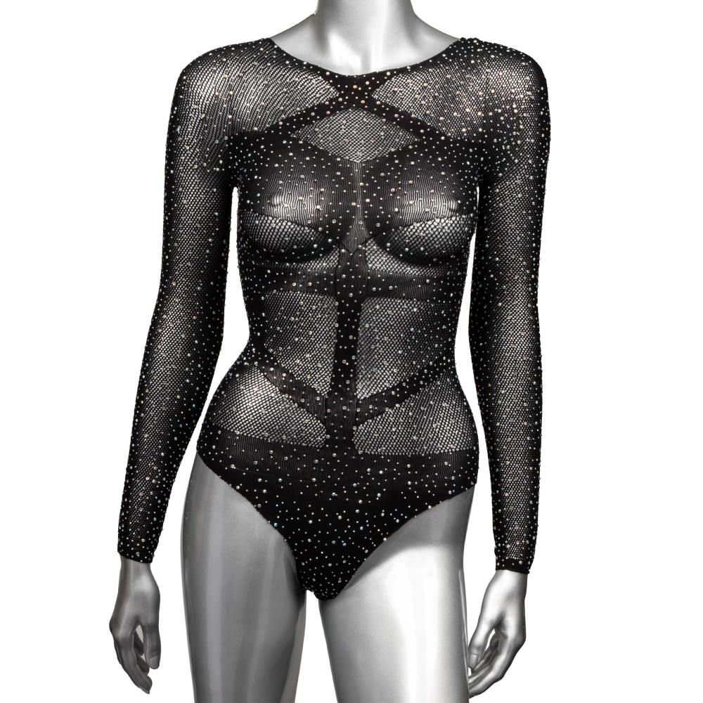 Body negru cu maneca lunga si strasuri PLUS - fabricat din plasa moale, potrivit marimilor Plus Size pana la 3XL - accente stralucitoare din strasuri
