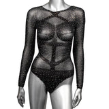 Body negru cu maneca lunga si strasuri PLUS - fabricat din plasa moale, potrivit marimilor Plus Size pana la 3XL - accente stralucitoare din strasuri