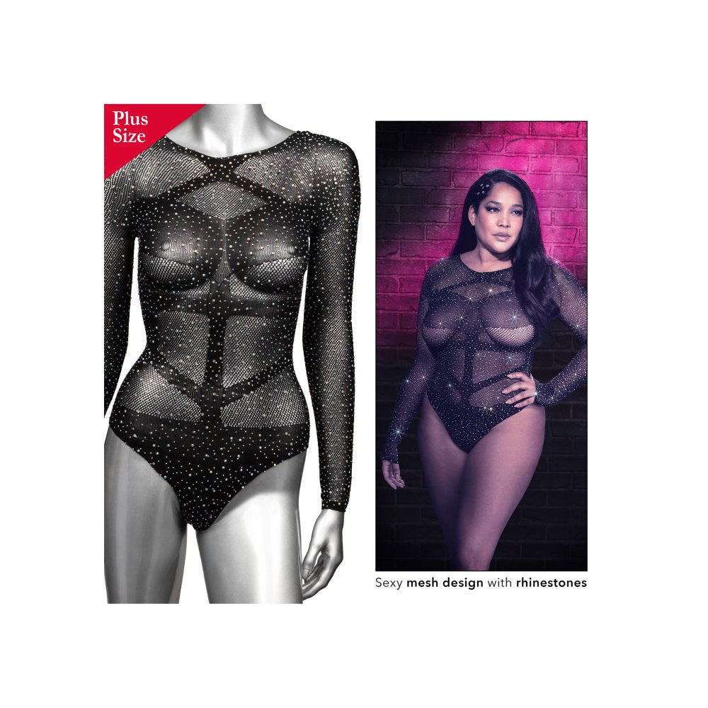 Body negru cu maneca lunga si strasuri PLUS - fabricat din plasa moale, potrivit marimilor Plus Size pana la 3XL - accente stralucitoare din strasuri