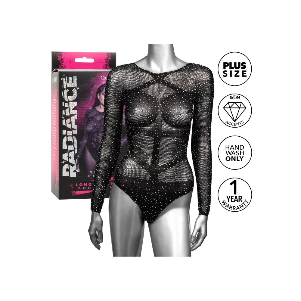Body negru cu maneca lunga si strasuri PLUS - fabricat din plasa moale, potrivit marimilor Plus Size pana la 3XL - accente stralucitoare din strasuri