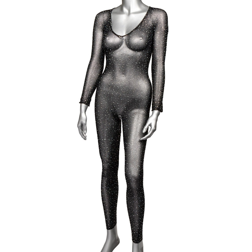 Body Negru Catsuit Crotchless cu Strasuri - fabricat din plasa moale, potrivit majoritatea marimilor standard - accente stralucitoare din strasuri