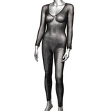 Body Negru Catsuit Crotchless cu Strasuri - fabricat din plasa moale, potrivit majoritatea marimilor standard - accente stralucitoare din strasuri