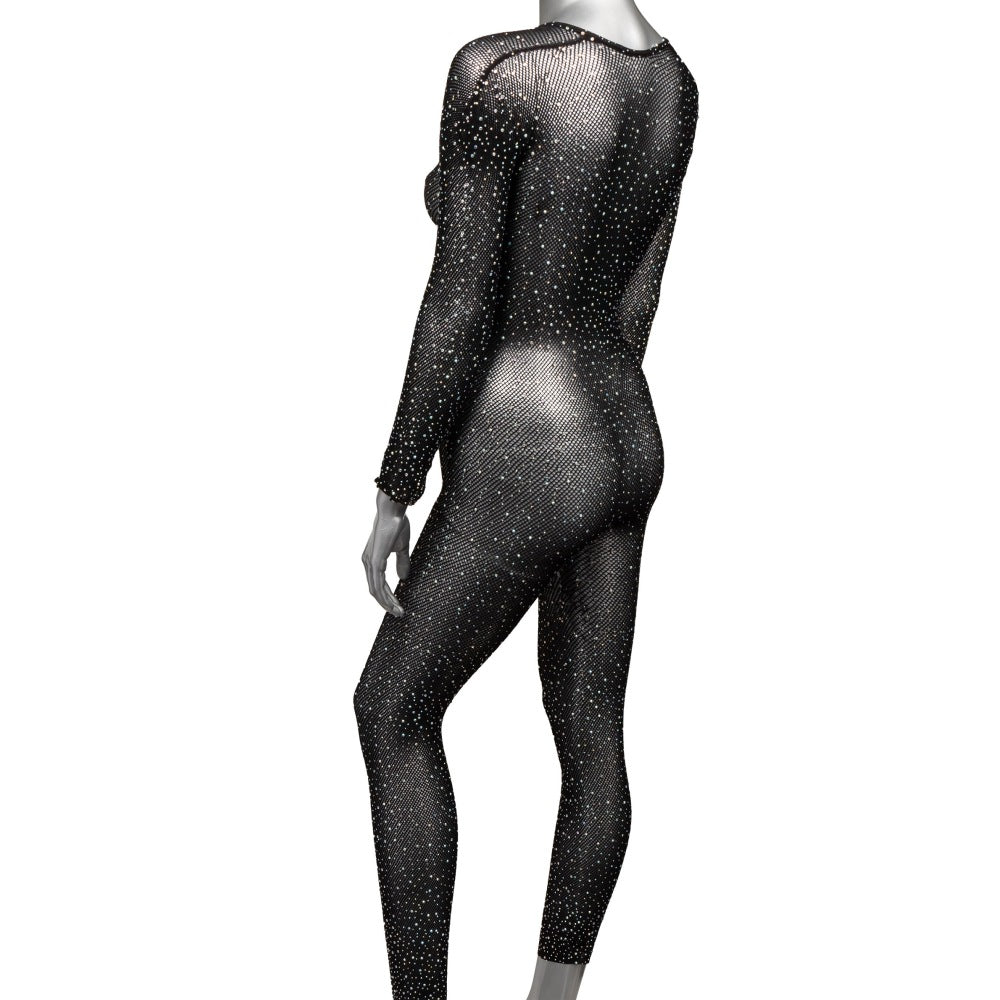 Body Negru Catsuit Crotchless cu Strasuri - fabricat din plasa moale, potrivit majoritatea marimilor standard - accente stralucitoare din strasuri