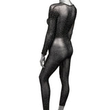 Body Negru Catsuit Crotchless cu Strasuri - fabricat din plasa moale, potrivit majoritatea marimilor standard - accente stralucitoare din strasuri