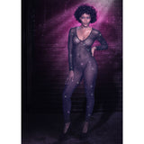 Body Negru Catsuit Crotchless cu Strasuri - fabricat din plasa moale, potrivit majoritatea marimilor standard - accente stralucitoare din strasuri