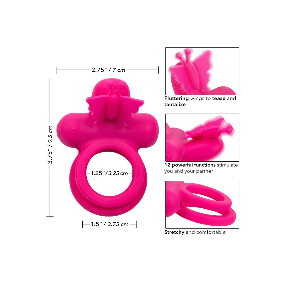 Inel Vibrator Dublu din Silicon CalExotics Butterfly Rechargeable - 12 Functii Vibratie, Stimulare pentru Cupluri, Rezistent la Apa, Roz