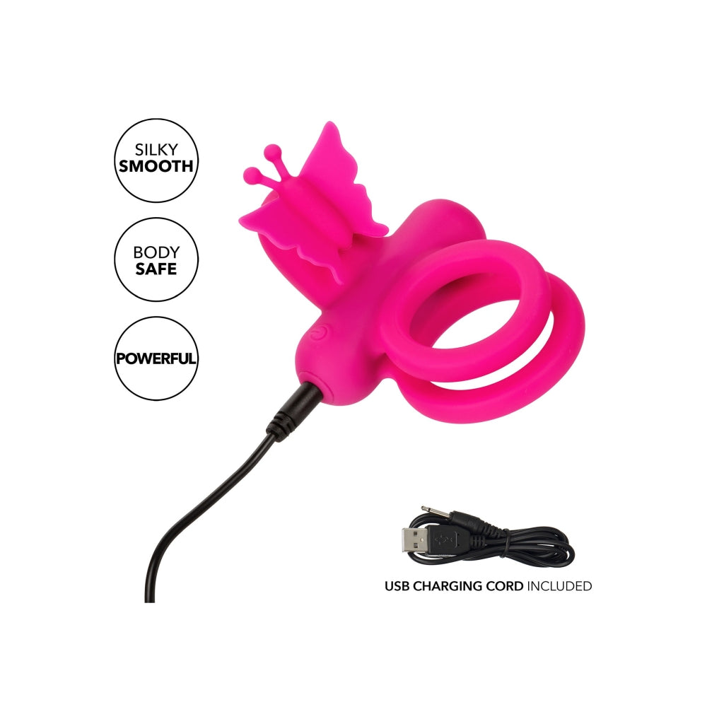 Inel Vibrator Dublu din Silicon CalExotics Butterfly Rechargeable - 12 Functii Vibratie, Stimulare pentru Cupluri, Rezistent la Apa, Roz