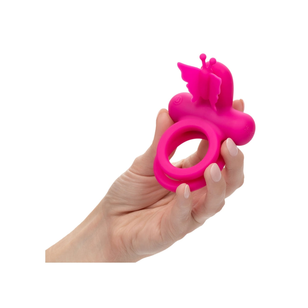 Inel Vibrator Dublu din Silicon CalExotics Butterfly Rechargeable - 12 Functii Vibratie, Stimulare pentru Cupluri, Rezistent la Apa, Roz