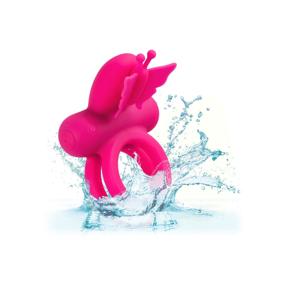 Inel Vibrator Dublu din Silicon CalExotics Butterfly Rechargeable - 12 Functii Vibratie, Stimulare pentru Cupluri, Rezistent la Apa, Roz