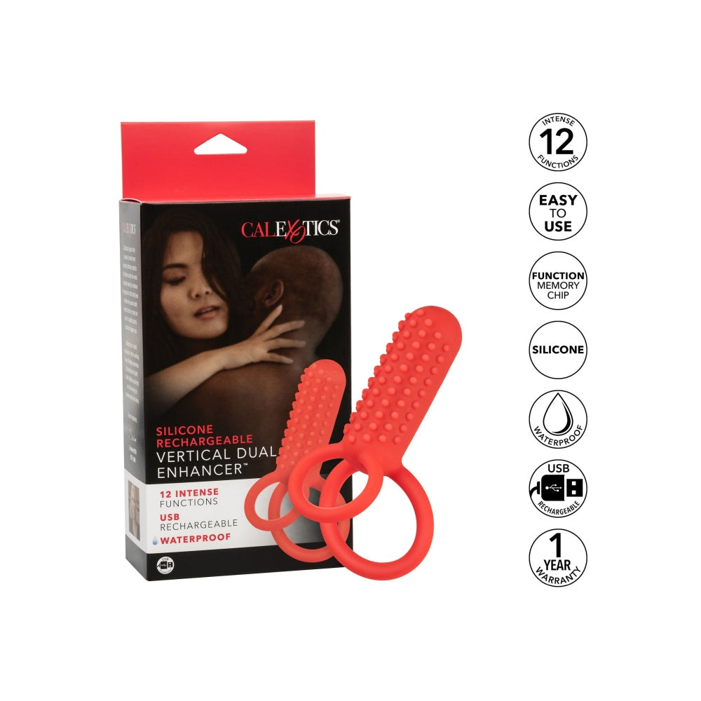 Inel Vibrator Dublu din Silicon CalExotics Vertical Enhancer - 12 Functii Vibratie, Stimulare Intensa pentru Cupluri, Rezistent la Apa, Rosu