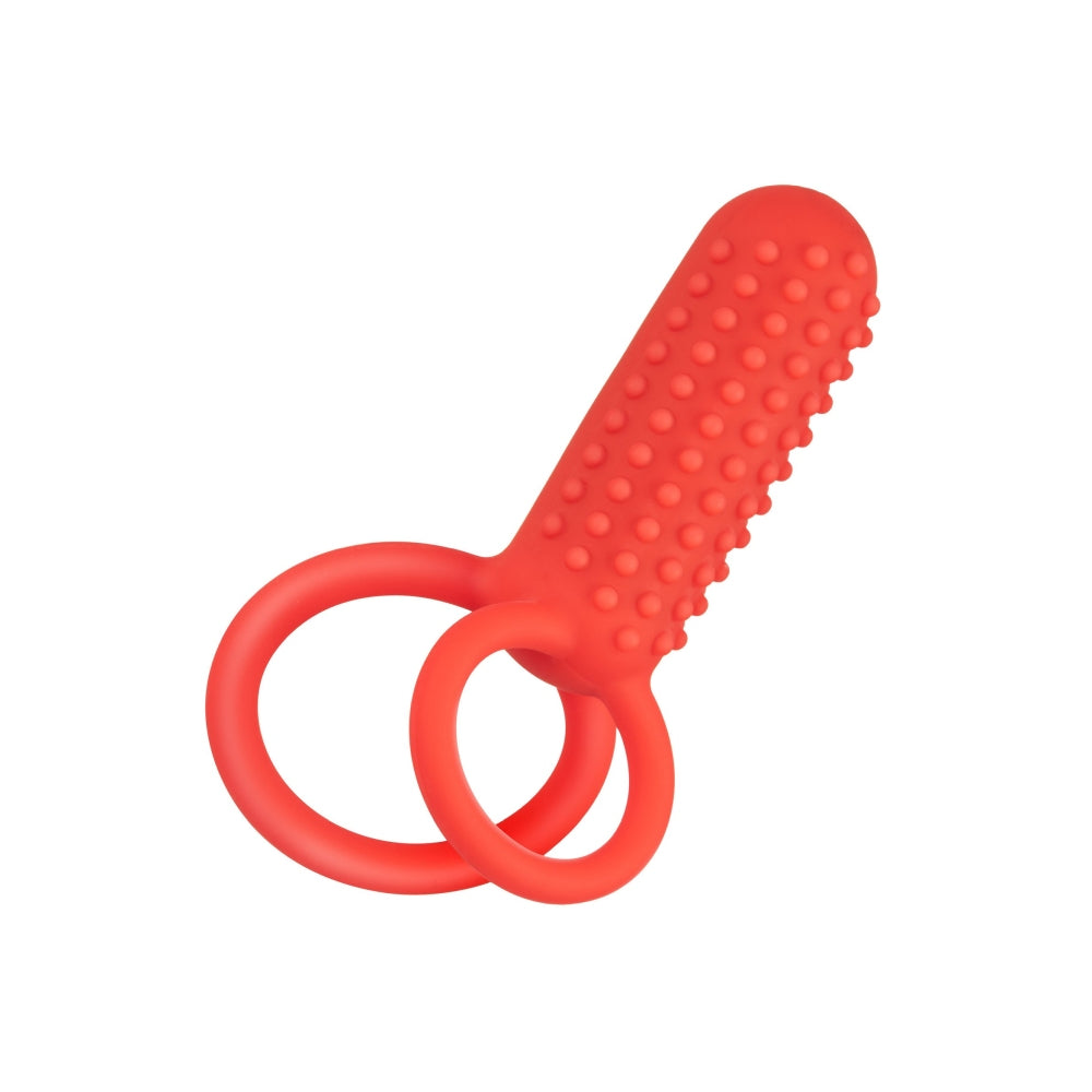 Inel Vibrator Dublu din Silicon CalExotics Vertical Enhancer - 12 Functii Vibratie, Stimulare Intensa pentru Cupluri, Rezistent la Apa, Rosu