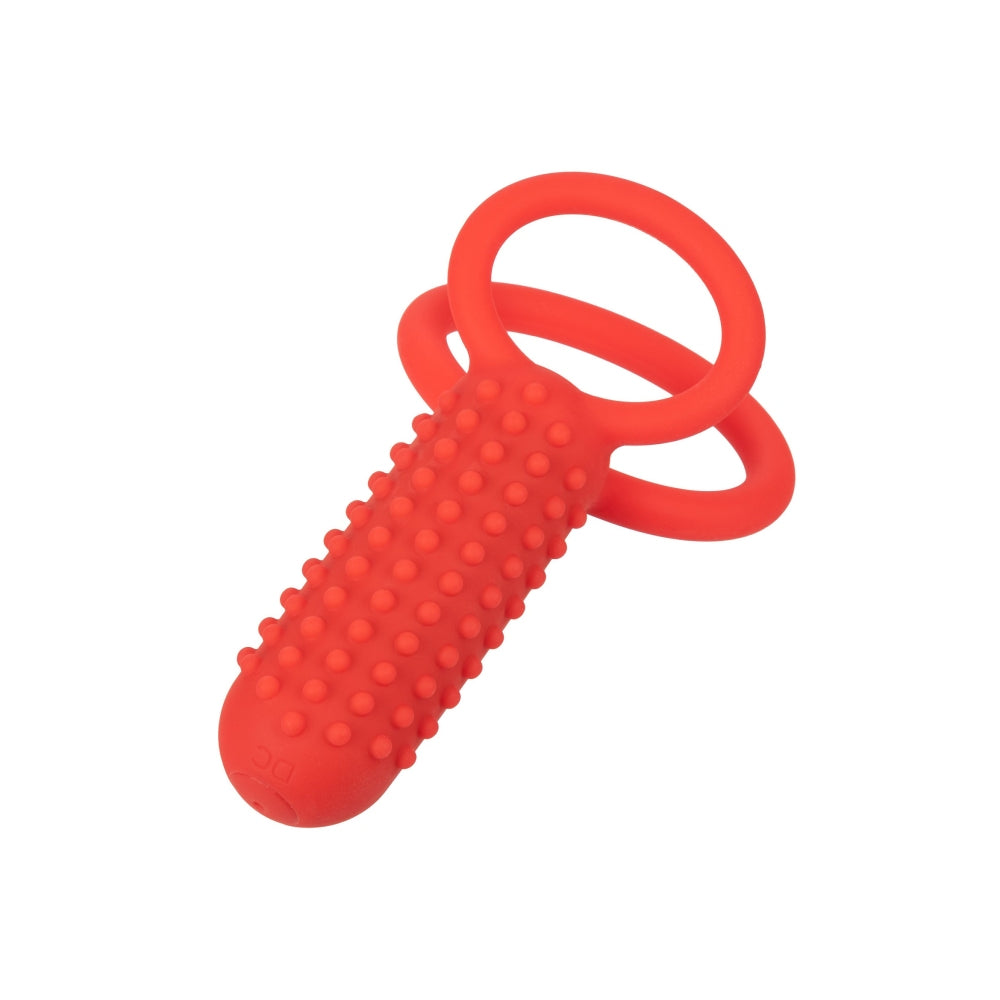 Inel Vibrator Dublu din Silicon CalExotics Vertical Enhancer - 12 Functii Vibratie, Stimulare Intensa pentru Cupluri, Rezistent la Apa, Rosu