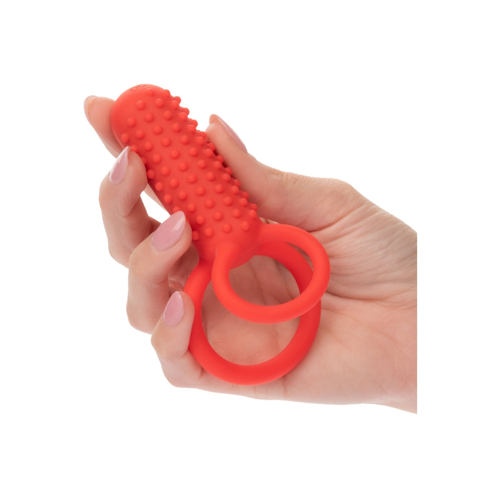 Inel Vibrator Dublu din Silicon CalExotics Vertical Enhancer - 12 Functii Vibratie, Stimulare Intensa pentru Cupluri, Rezistent la Apa, Rosu