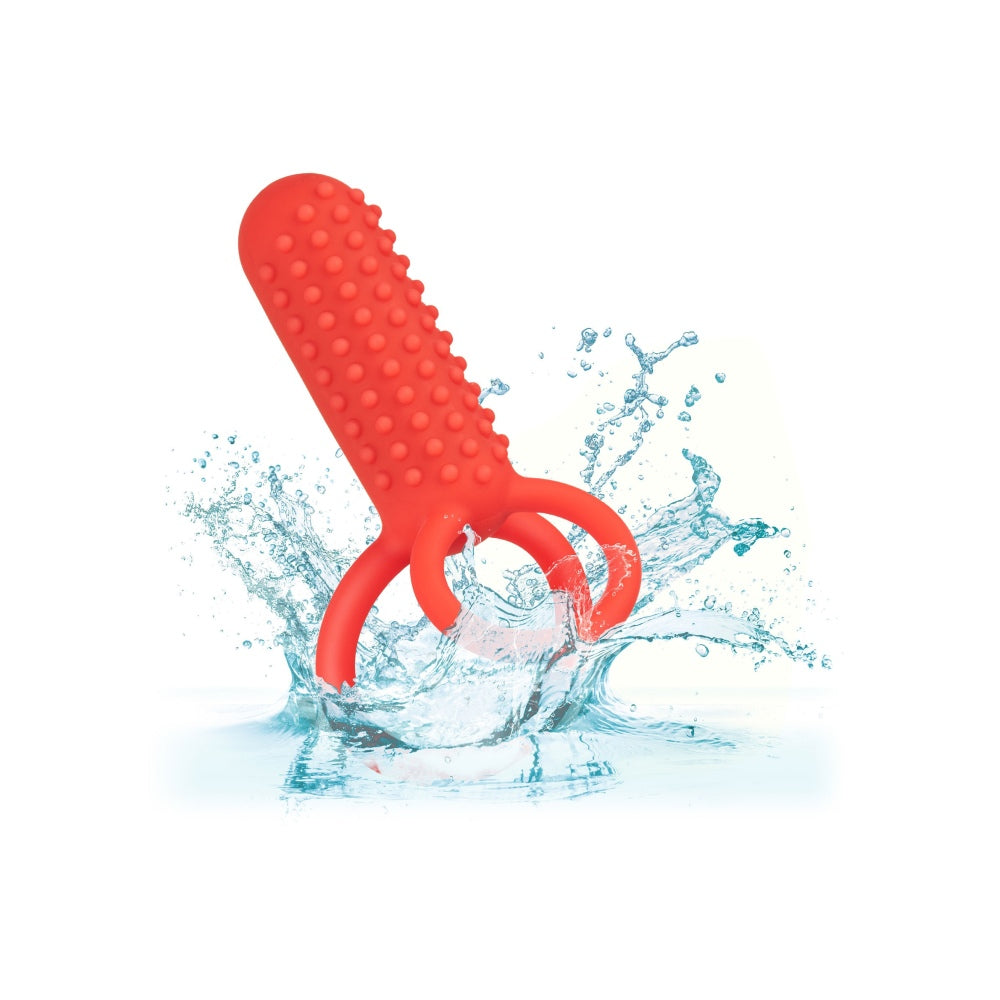 Inel Vibrator Dublu din Silicon CalExotics Vertical Enhancer - 12 Functii Vibratie, Stimulare Intensa pentru Cupluri, Rezistent la Apa, Rosu