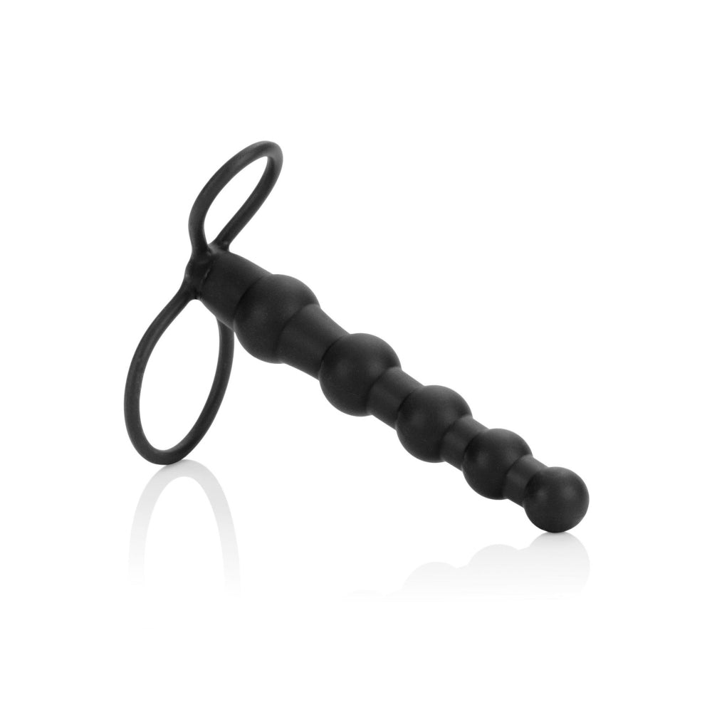 Penetrator Dublu CalExotics Love Rider - Negru, 14.5 cm - Bucle elastice pentru sustinere, design de bile gradate - compatibil cu strap-on, ideal pentru cupluri care vor dubla penetrare