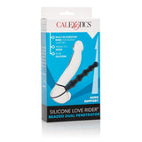 Penetrator Dublu CalExotics Love Rider - Negru, 14.5 cm - Bucle elastice pentru sustinere, design de bile gradate - compatibil cu strap-on, ideal pentru cupluri care vor dubla penetrare