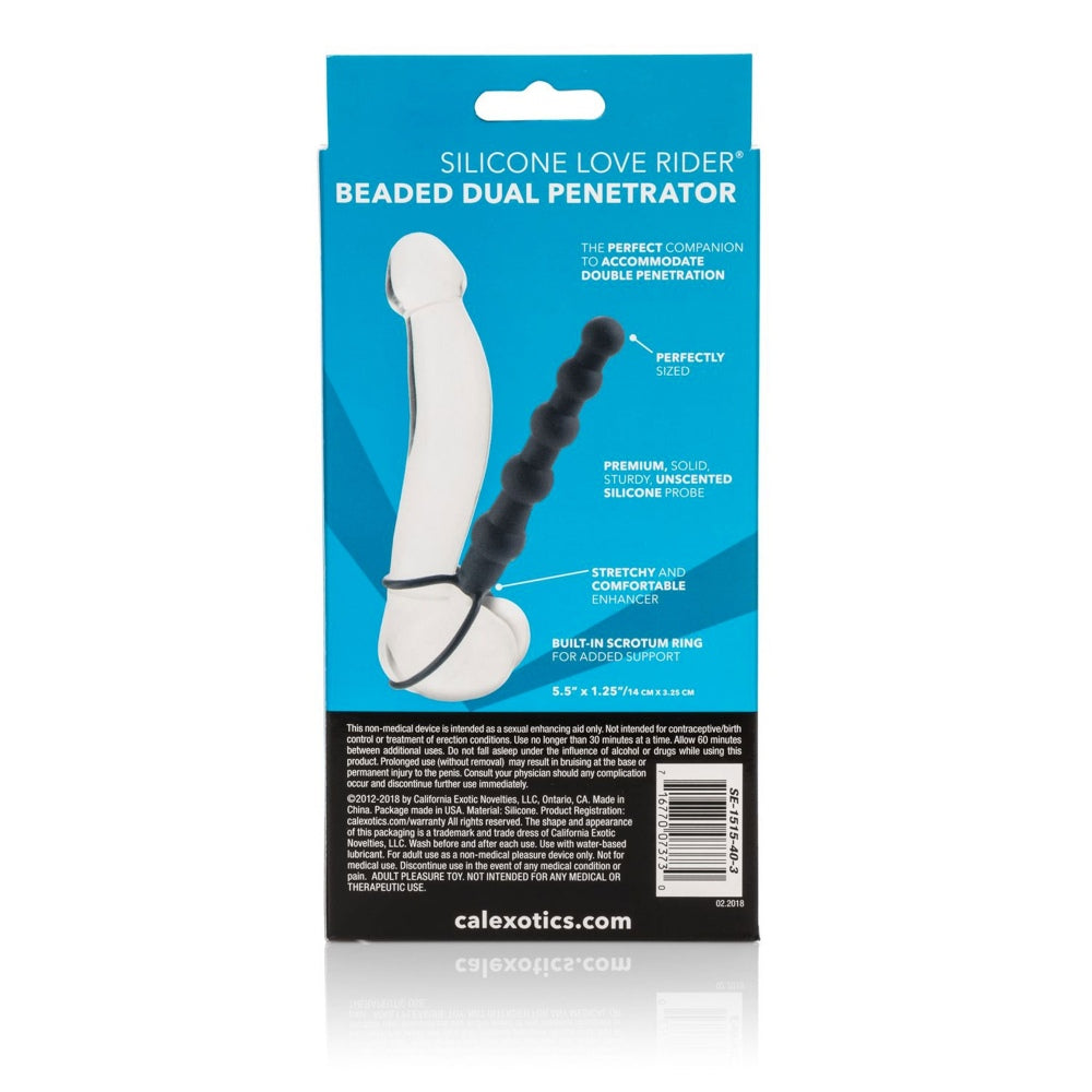 Penetrator Dublu CalExotics Love Rider - Negru, 14.5 cm - Bucle elastice pentru sustinere, design de bile gradate - compatibil cu strap-on, ideal pentru cupluri care vor dubla penetrare