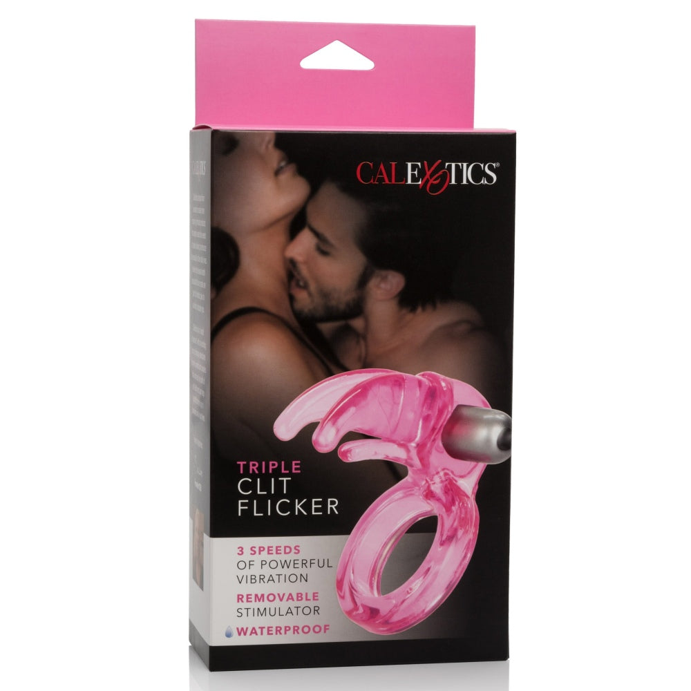 Inel Pentru Penis cu Vibratii CalExotics Triple Clit Flicker Roz - include mini vibe detasabil, iepuras cu stimulare tripla pentru clitoris - Inel elastic pentru erectii mai ferme - ideal pentru cupluri