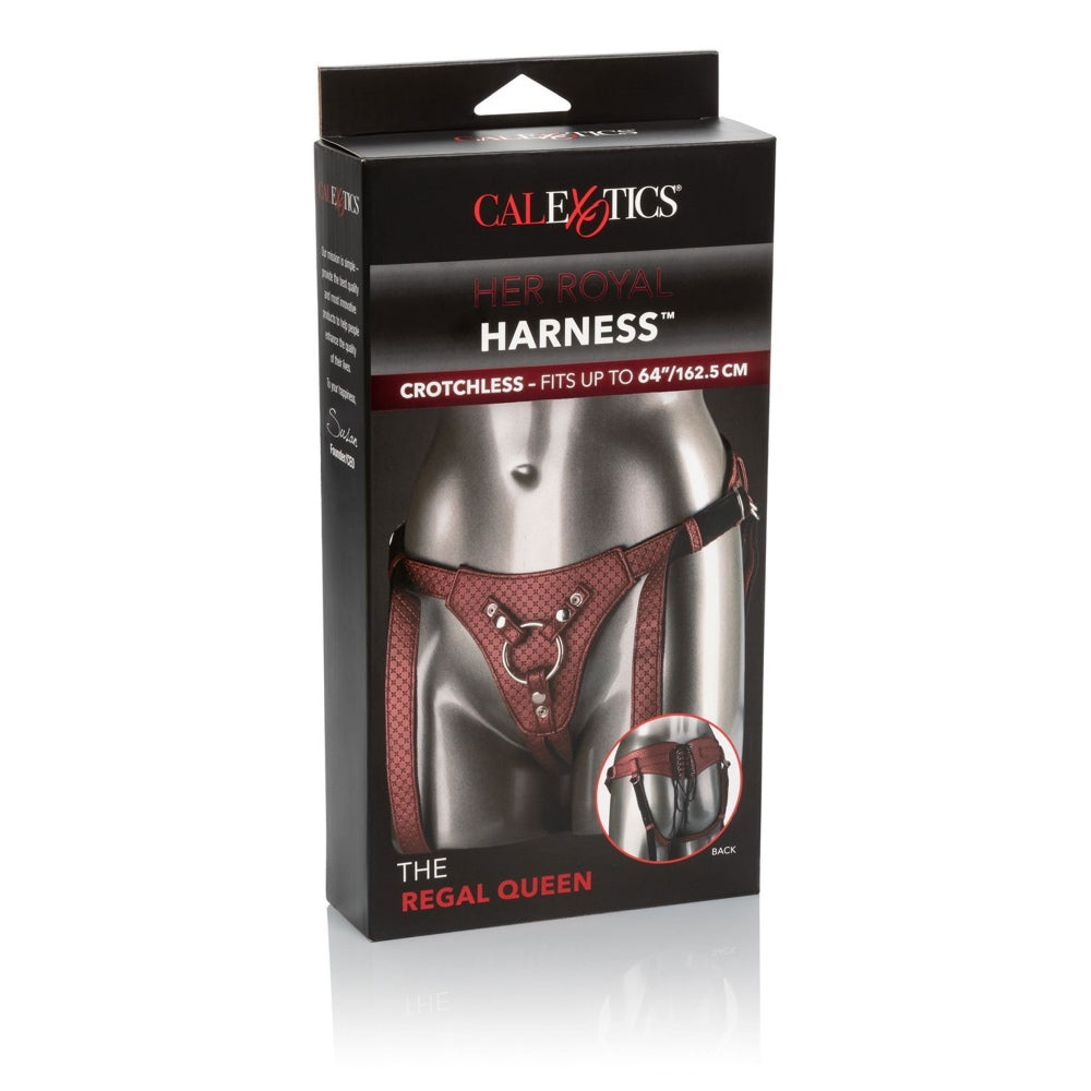 Curea Strap-On CalExotics Her Royal Highness Visiniu - Ham de lux pentru jocuri senzuale - design crotchless, curele ajustabile - fabricat din piele vegana