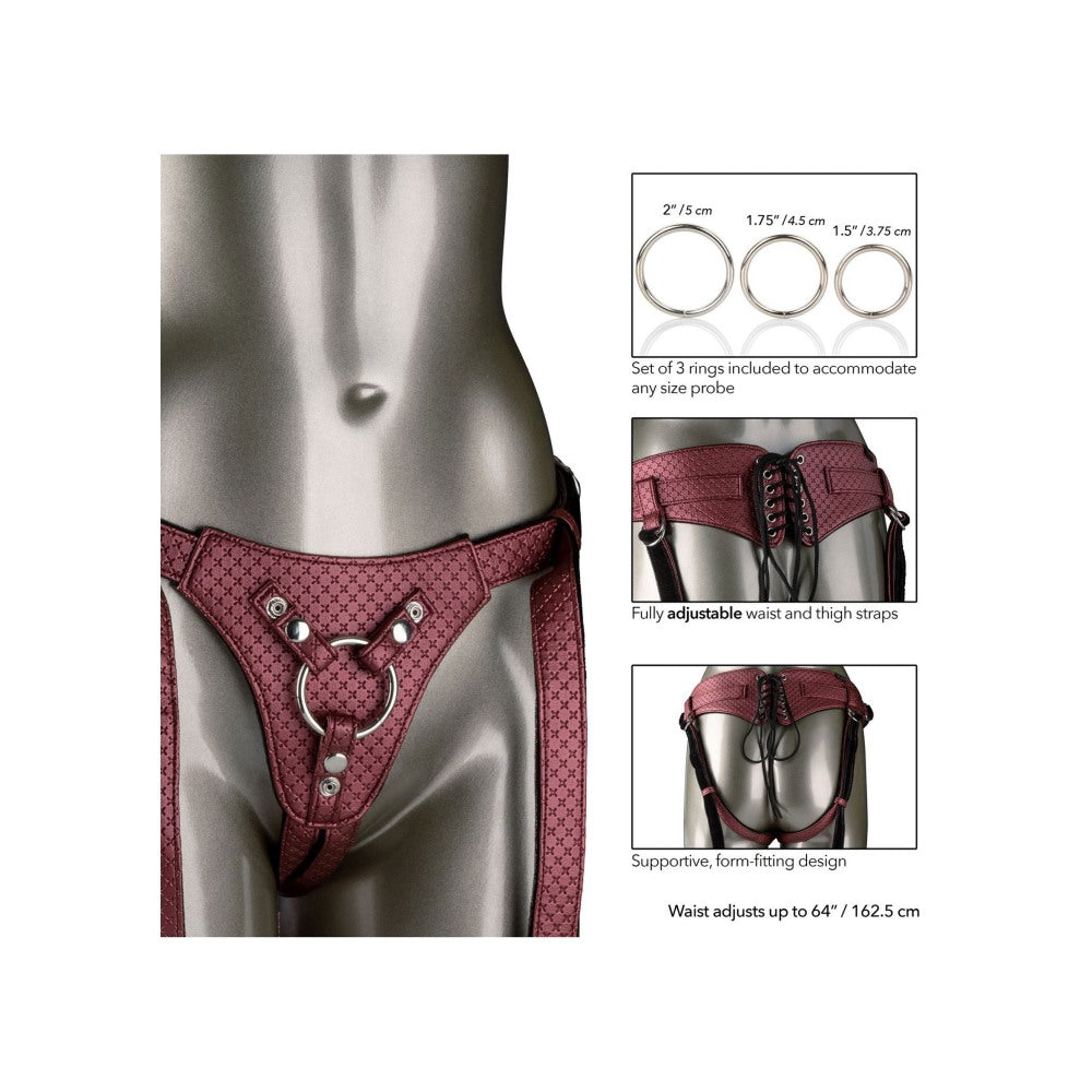Curea Strap-On CalExotics Her Royal Highness Visiniu - Ham de lux pentru jocuri senzuale - design crotchless, curele ajustabile - fabricat din piele vegana