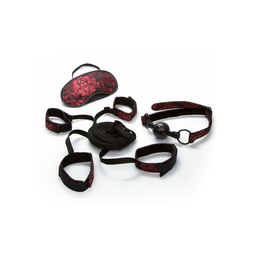 Set Bondage cu Sistem de Prindere Pentru Pat 3 Piese - sistem de prindere in cruce, ajustabil pentru orice dimensiune de saltea, masca senzuala si calus - ideal pentru jocuri BDSM in dormitor