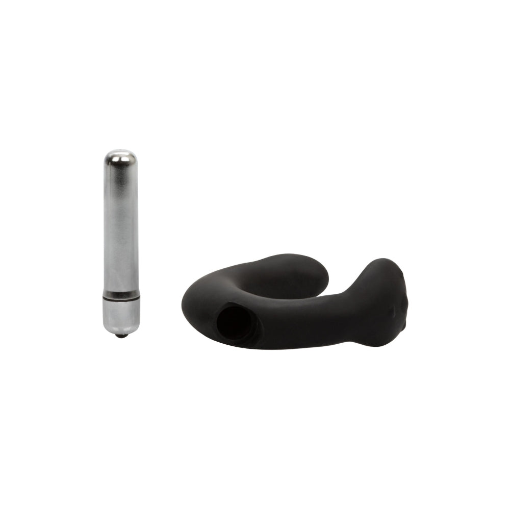Stimulator Prostata CalExotics P-Rock - Negru, 11.5 cm - design curbat unic pentru stimularea prostatei si a testiculelor - Bullet vibrator detasabil - Silicon, rezistent la apa