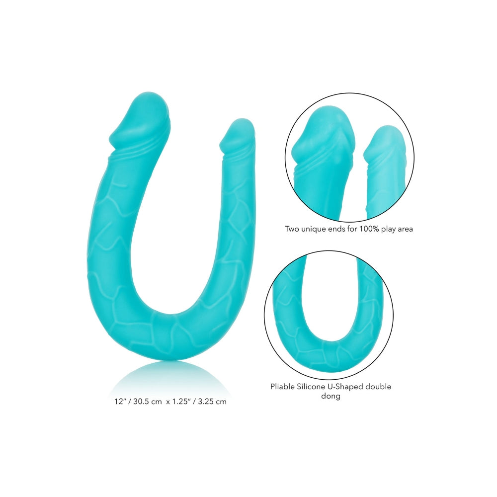 Dildo Dublu CalExotics Silicone AC/DC Dong - Turcoaz, 30 cm - Design cu stimulare unica, forma in U - silicon flexibil cu finisaj satinat