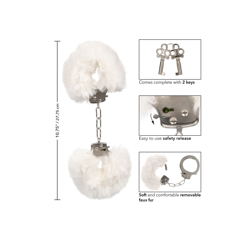 Catuse Pufoase CalExotics Ultra Fluffy Furry Cuffs, cu 2 seturi de chei, pentru adulti, roluri de politist si BDSM - Alb