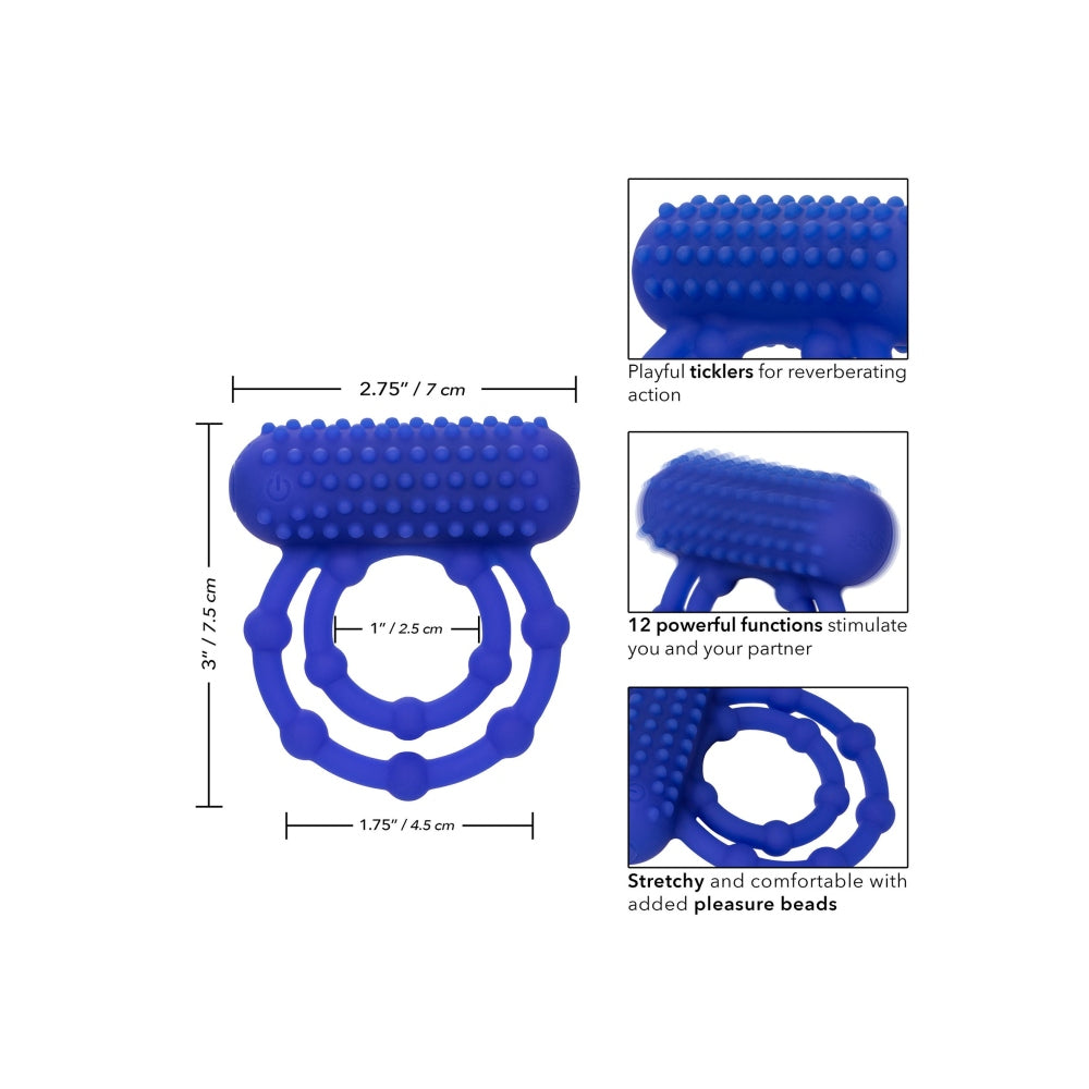 Inel Pentru Penis cu Vibratii CalExotics 10 Beads Maximus - Albastru, silicon sigur pentru corp - 10 bile de placere si suport pentru o erectie puternica - 12 Moduri Vibratii pentru stimulare clitoris - Ideal pentru cupluri